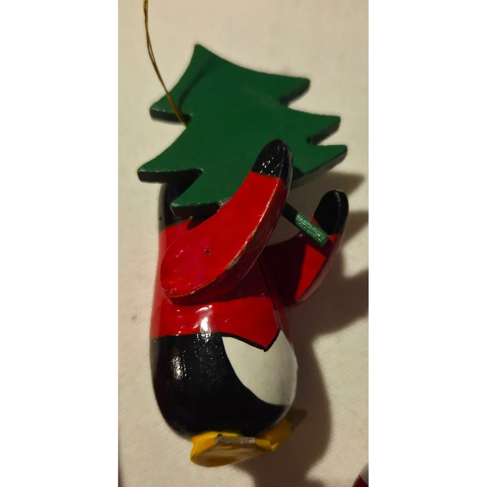 Vintage Wooden Penguin Christmas Ornaments Set of‎ 4 Sleigh Candy Cane Tree Hat